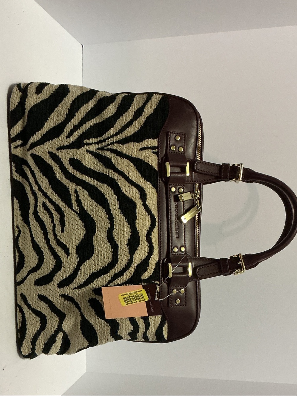 ANTONIO MELANI Black and Cream Zebra-Print Satchel with Brown Trim
